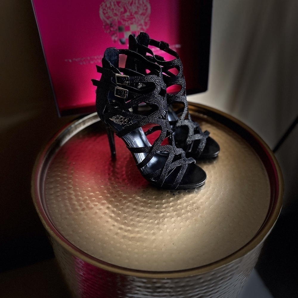 Vince Camuto Black Caviar/Soft Calf Strappy Heels
